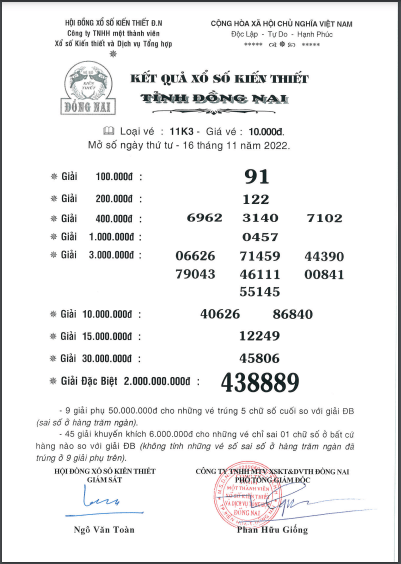 Biên bản kết quả xổ số Đồng Nai hôm nay 16/11/2022